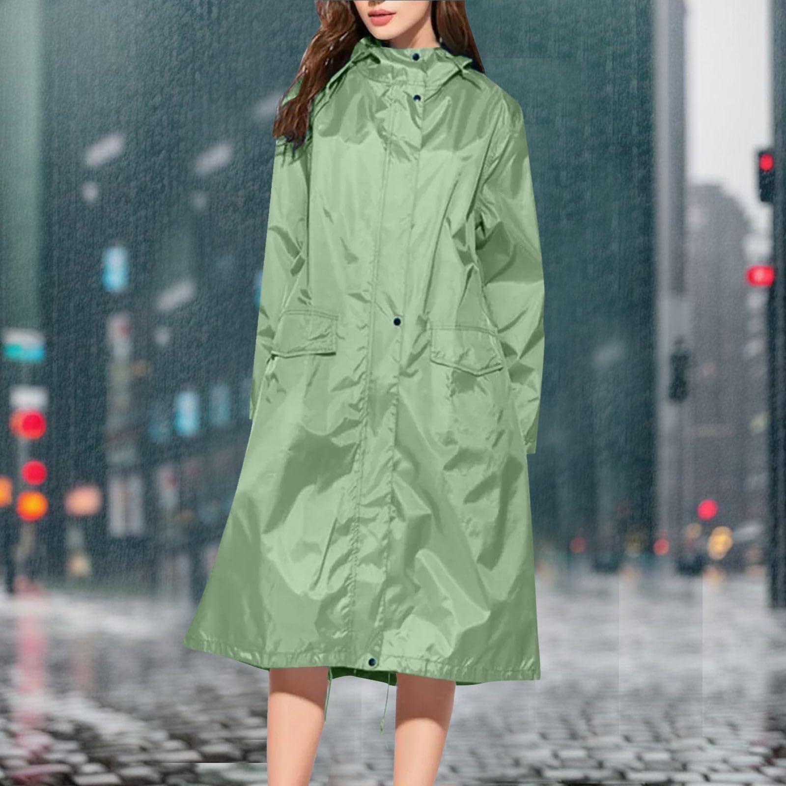 Generisch Damen-Regenjacke mit Kapuze, leichter, langärmliger Windjacke mit Reißverschluss, Kordelzug Taschen