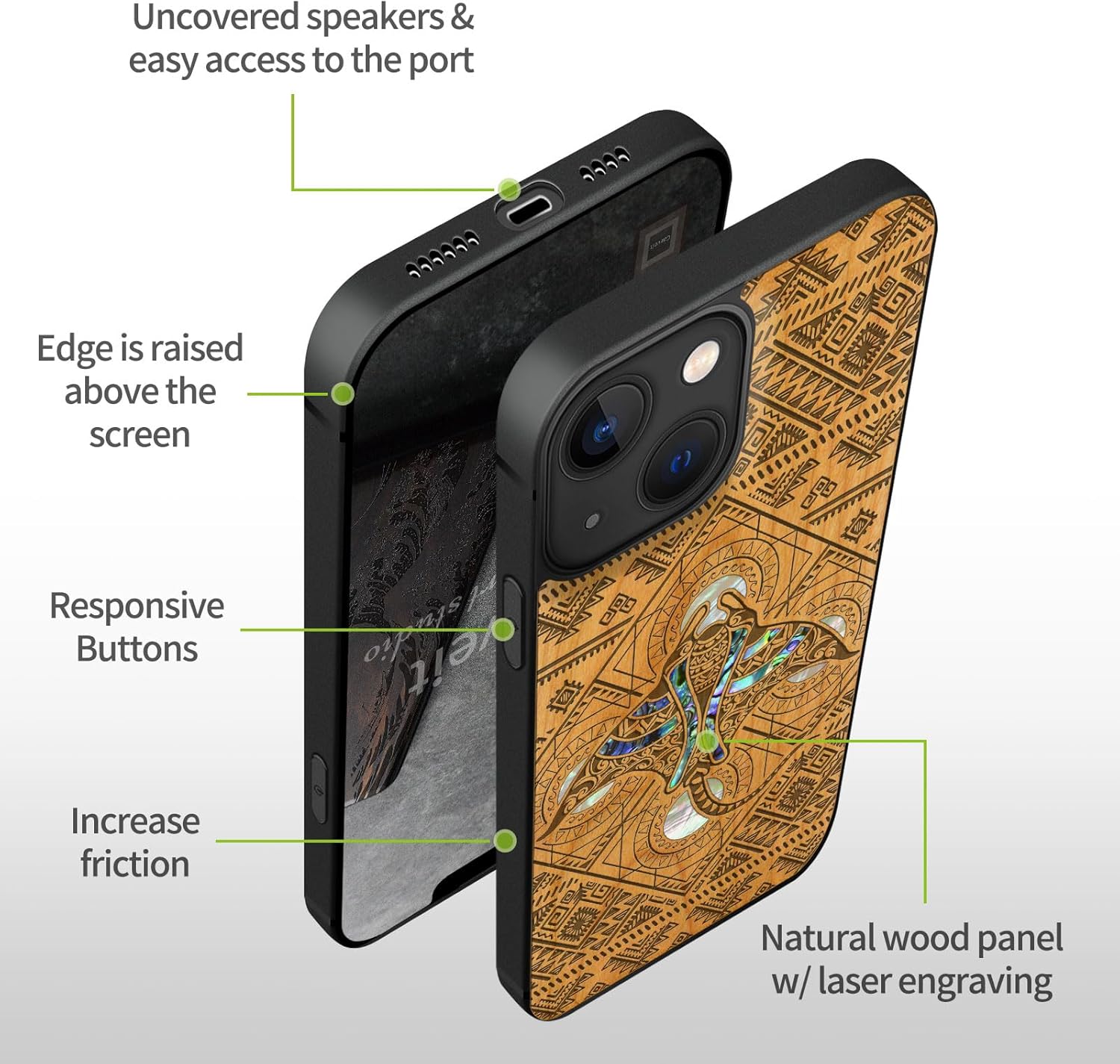 Carveit Designer Wooden Protective Case for iPhone 13 Magnetic Cover [Wood Engraving & Shell Inlay] Compatible with iPhone 13 MagSafe (The Tribal Manta Rays-Cherry)