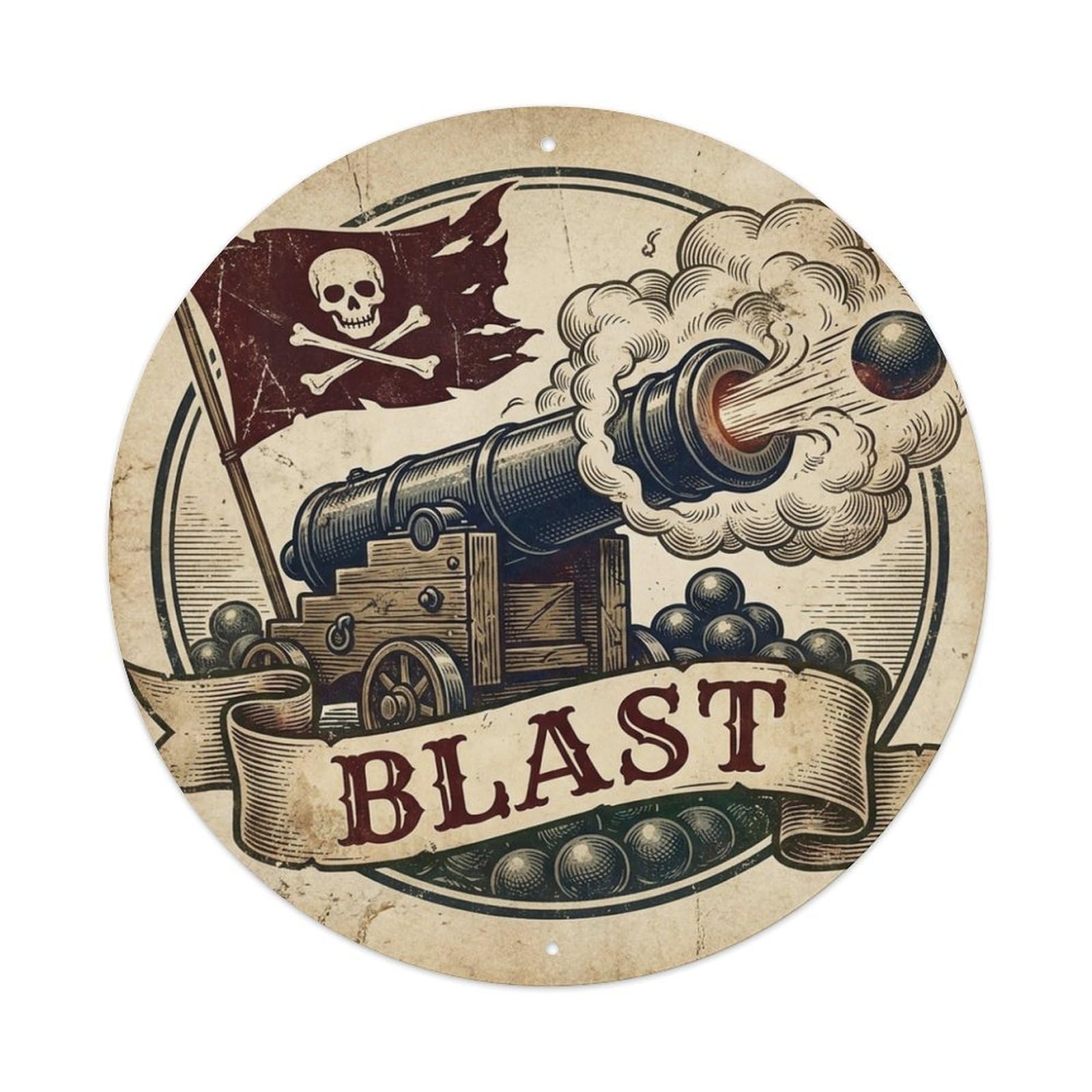 Blast Big Cannon Smoke Jolly Roger Flag Maritime Metal Tin Sign