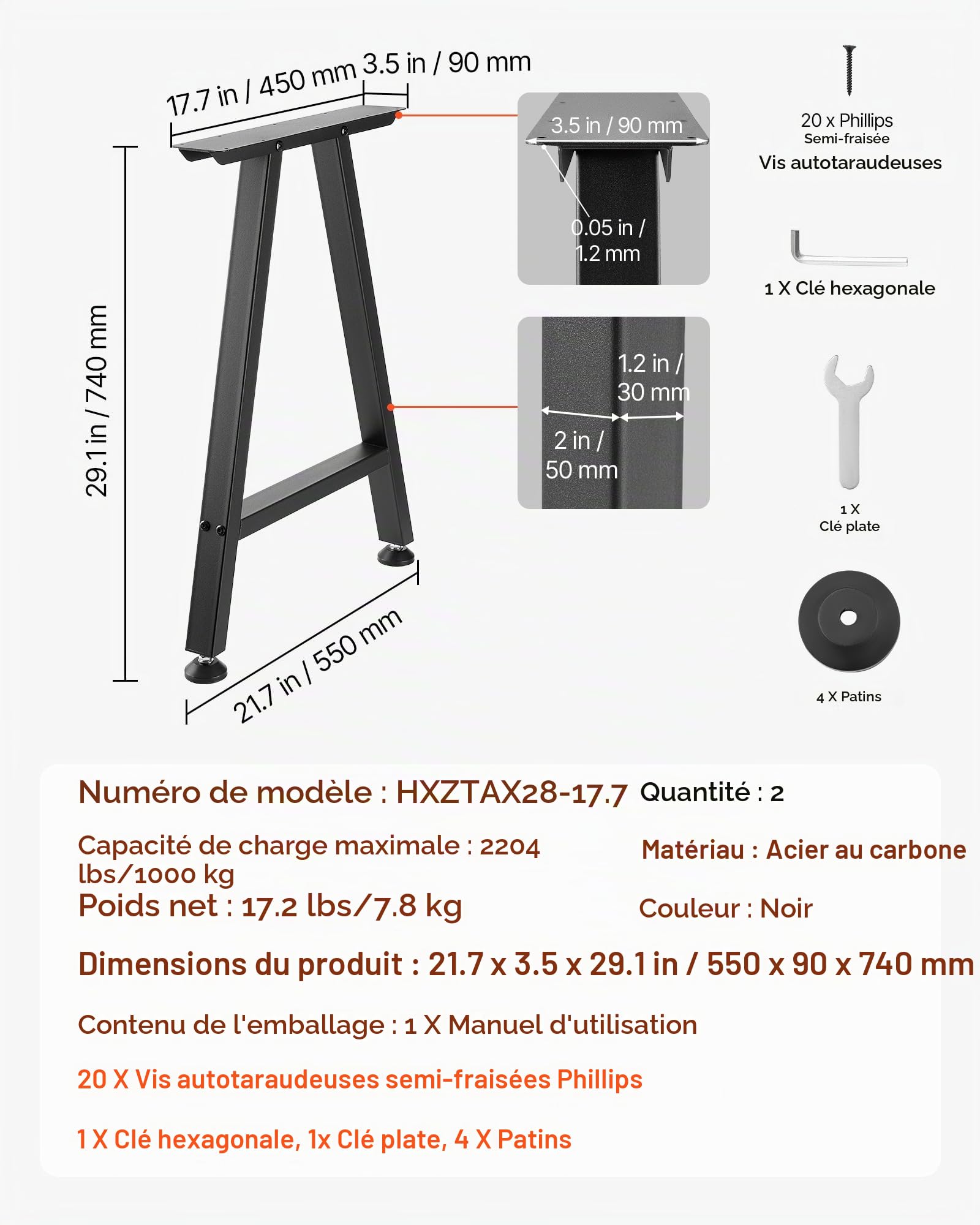 VEVOR Pieds de Table Trapézoïdaux 740x550 mm Lot de 2, Pieds de Bureau en Acier au Carbone, Charge Max. 1000 kg pour Bureau, Table à Manger, Établi, Plan de Travail et Table de Bar, avec Patins, Noir