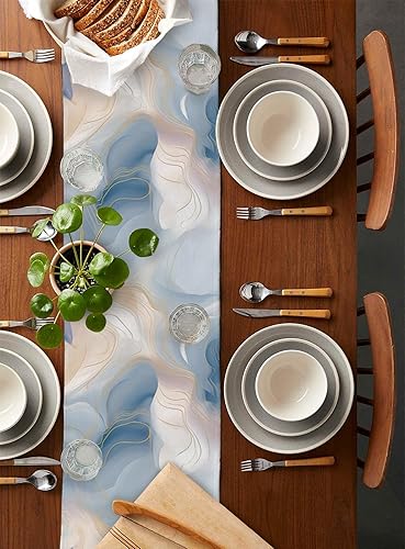 Miniatura 4 de Camino de mesa de lino, 72 pulgadas de largo, textura abstracta de mármol ombré, camino de mesa de arpillera lavable, piedra moderna con línea