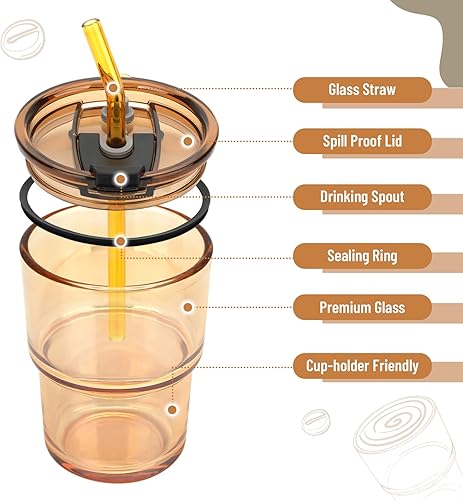Miniatura 7 de Vaso de vidrio de 13 onzas con popote de vidrio y tapa, a prueba de fugas, reutilizable, a prueba de fugas, para café helado, té, matcha, jugo de