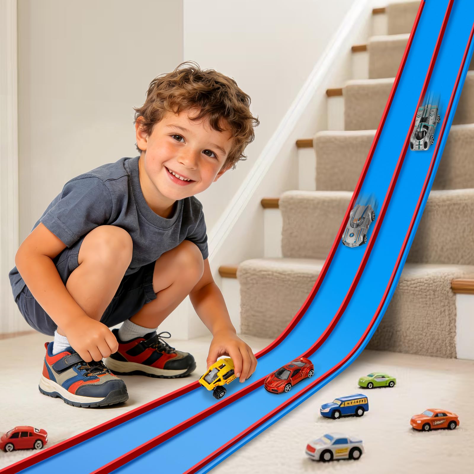 Flexible Race Track Toys for Kids, 15 Ft Flex Tracks Starter Set with Strong Suction Cups - Compatible with Hot Wheels and Diecast 1/64th Cars, Rolls up Portable Race Car Ramp Track (Red Blue)