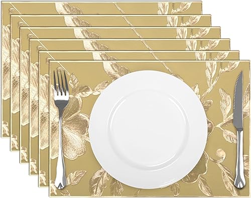 Miniatura 9 de comfoyar Juego de 6 manteles individuales redondos dorados con flores metálicas, de vinilo antideslizante de 15 x 15 pulgadas, manteles individuales