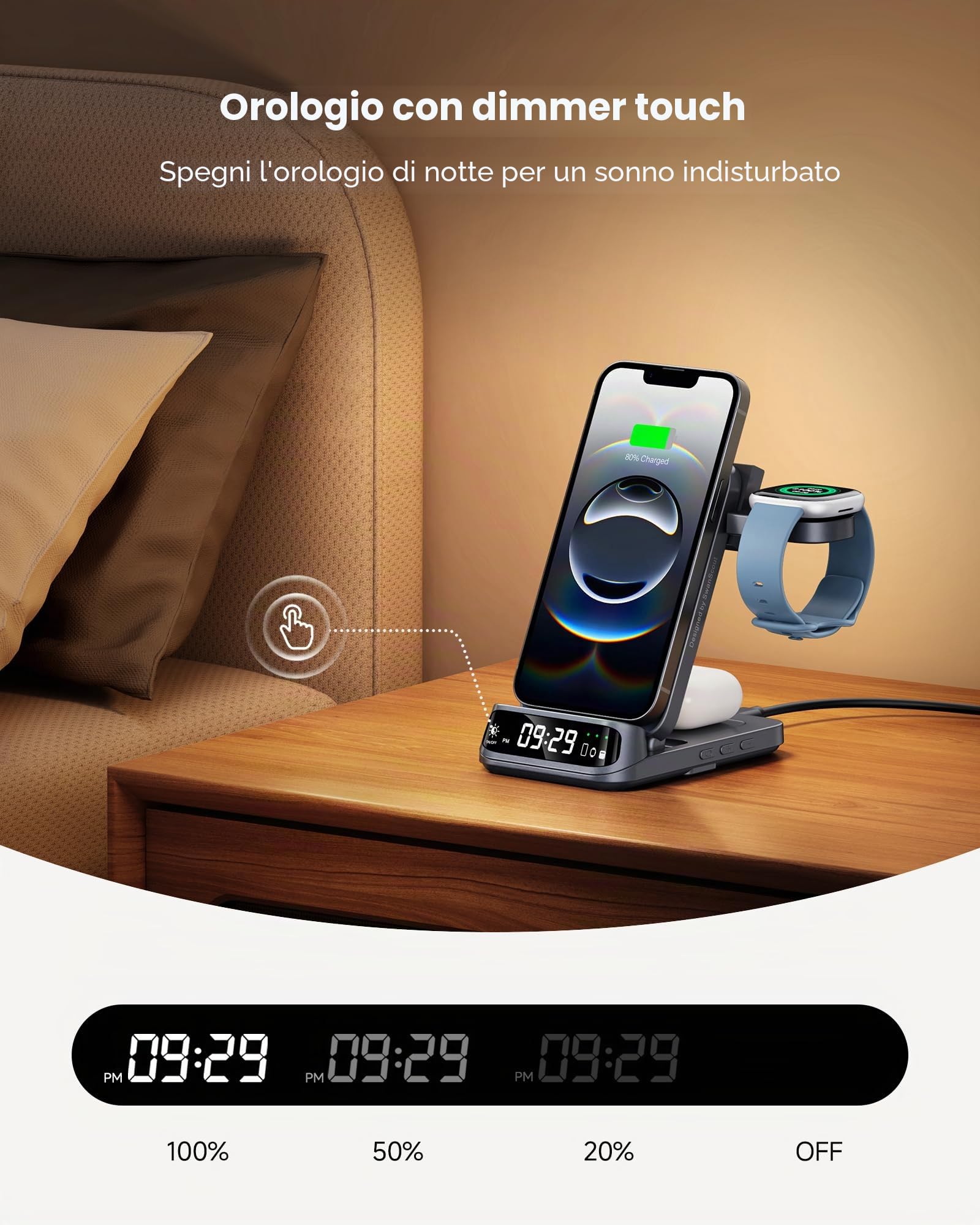 3-in-1 Caricatore Wireless per Fitbit Versa 4/3/Sense 2/1/Pixel Watch 3/2 (Non per Pixel Watch 4/1), Stazione Ricarica per iPhone 17/16/15, per Samsung S25/S24, per Google Pixel, Nessun Adattatore