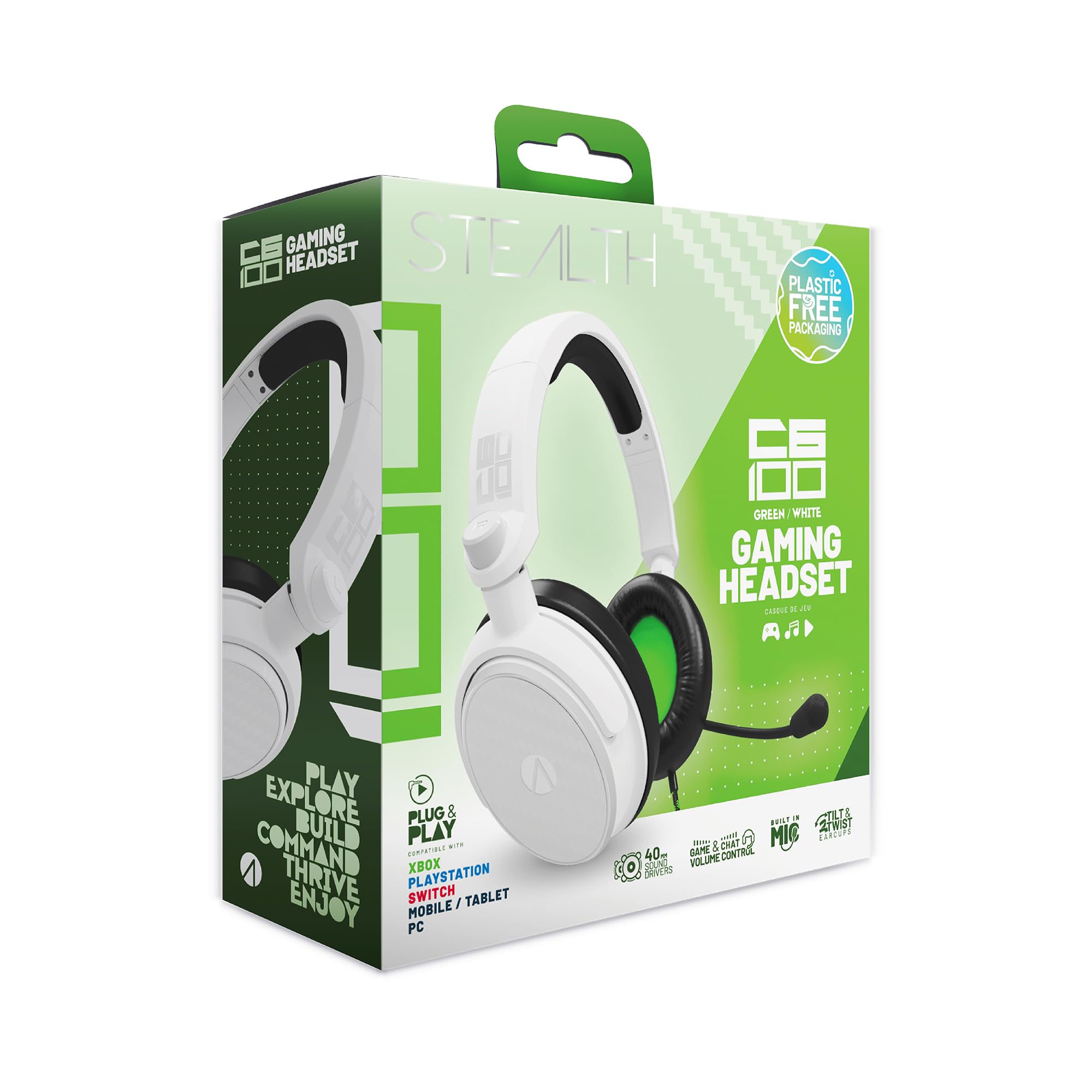 STEALTHC6-100 Green Over Ear Gaming Headset PS4/PS5, XBOX, Nintendo Switch, PC with Flexible Mic, 3.5mm Jack, 1.5m Cable, Lightweight, Comfortable and Durable