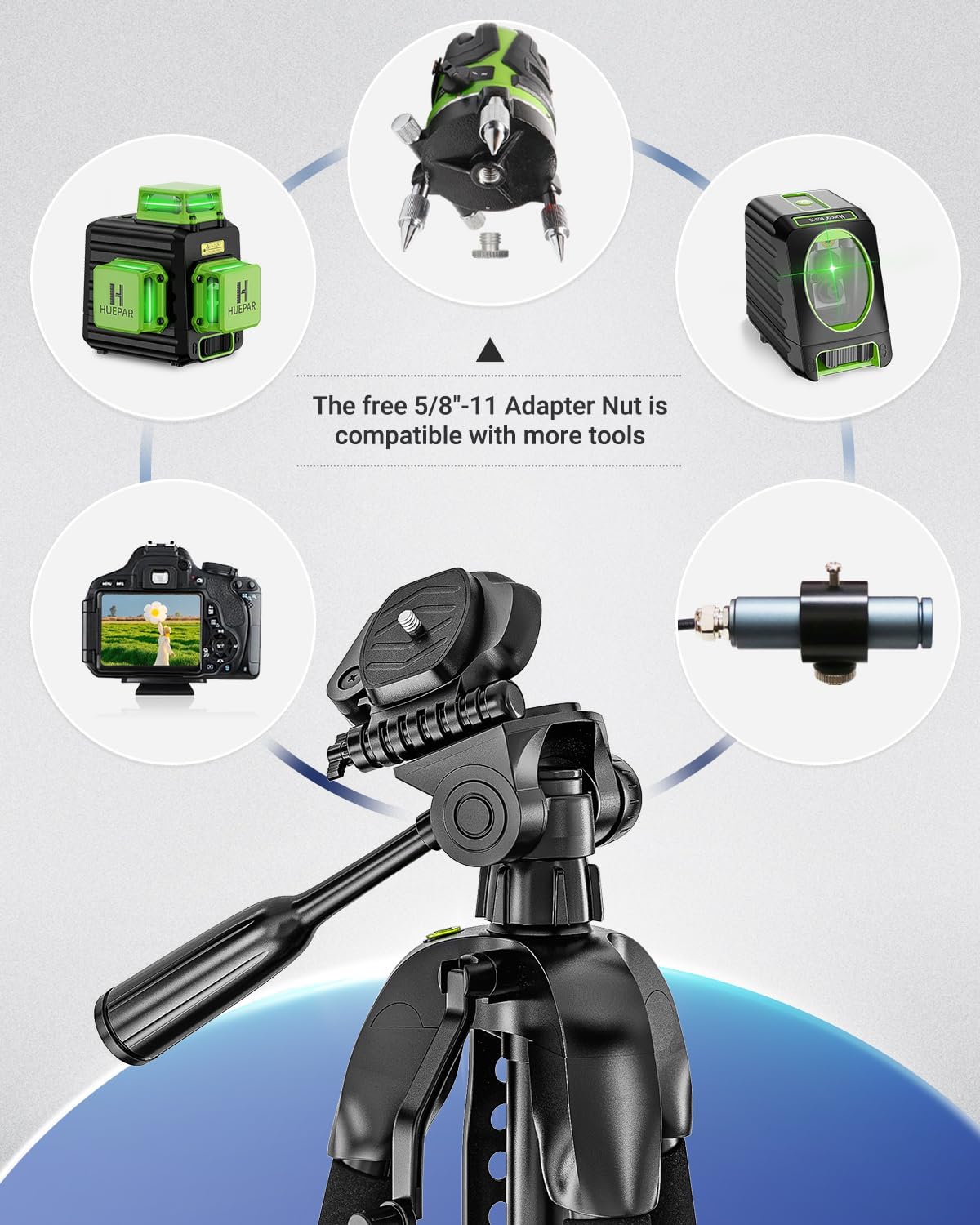 Laser Level Tripod, Huepar 56” Extendable Height Tripod for Line Lasers, Point Lasers, Laser Distance Measures, 1/4" and 5/8" Thread Mount, Multi-Function Hook, Non-Skid Feet, TPD14
