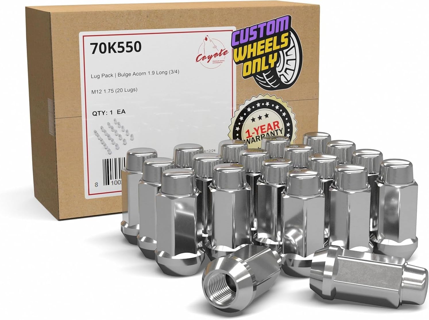 Wheel Accessories Parts 20 Pcs M12x1.75 12x1.75 Thread Bulge Acorn 1.90" Long Lug Nuts Chrome 3/4" 19mm Hex Fits Ford F150 Expedition Lincoln Navigator