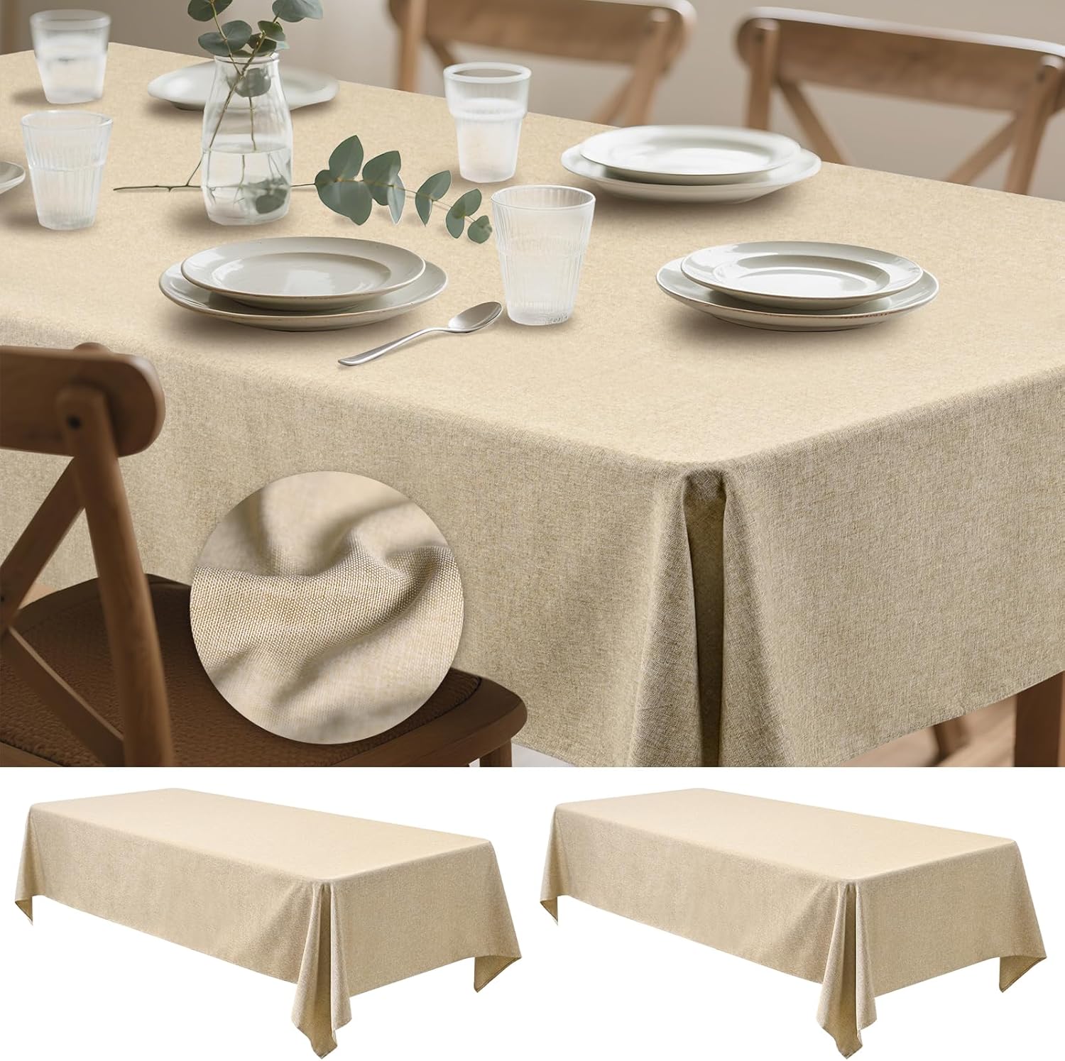 2 Pack Faux Linen Rectangle Tablecloth - Wrinkle Resistant Washable Tablecloths for Rectangle Table, Rustic Dining Table Cover Linens for Home, Party, Wedding (54 x 108 Inch,Beige) 54"x108" | 2 Pack Beige