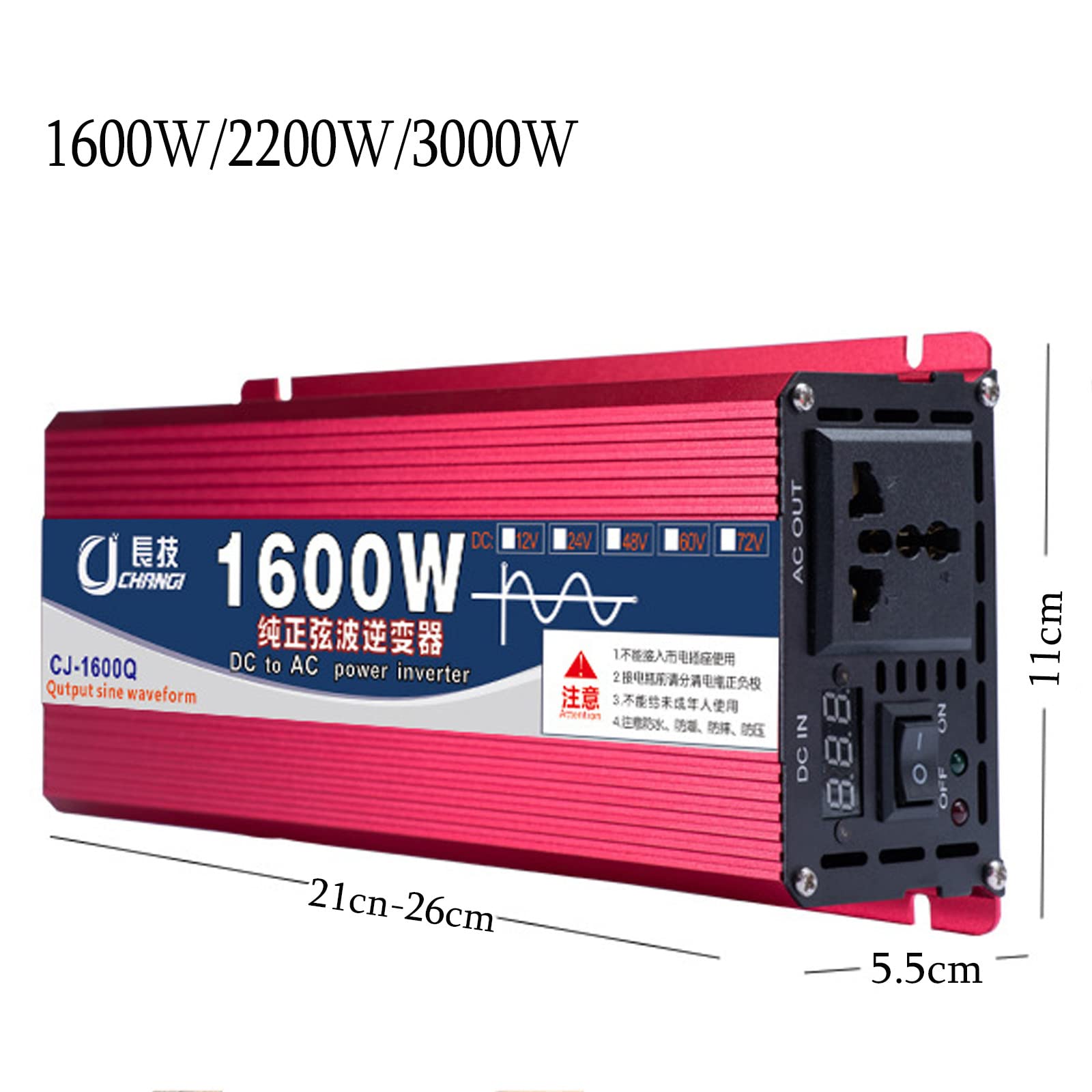 Inversor sinusoidal Pura, 1600w/2200w/3000w con Salidas de CA Convertidor de batería de Potencia de Salida Pantalla LCD DC 12v 24v 48v 60v a AC 110v-220v Inversor de Corriente para automóvil, 2200W-