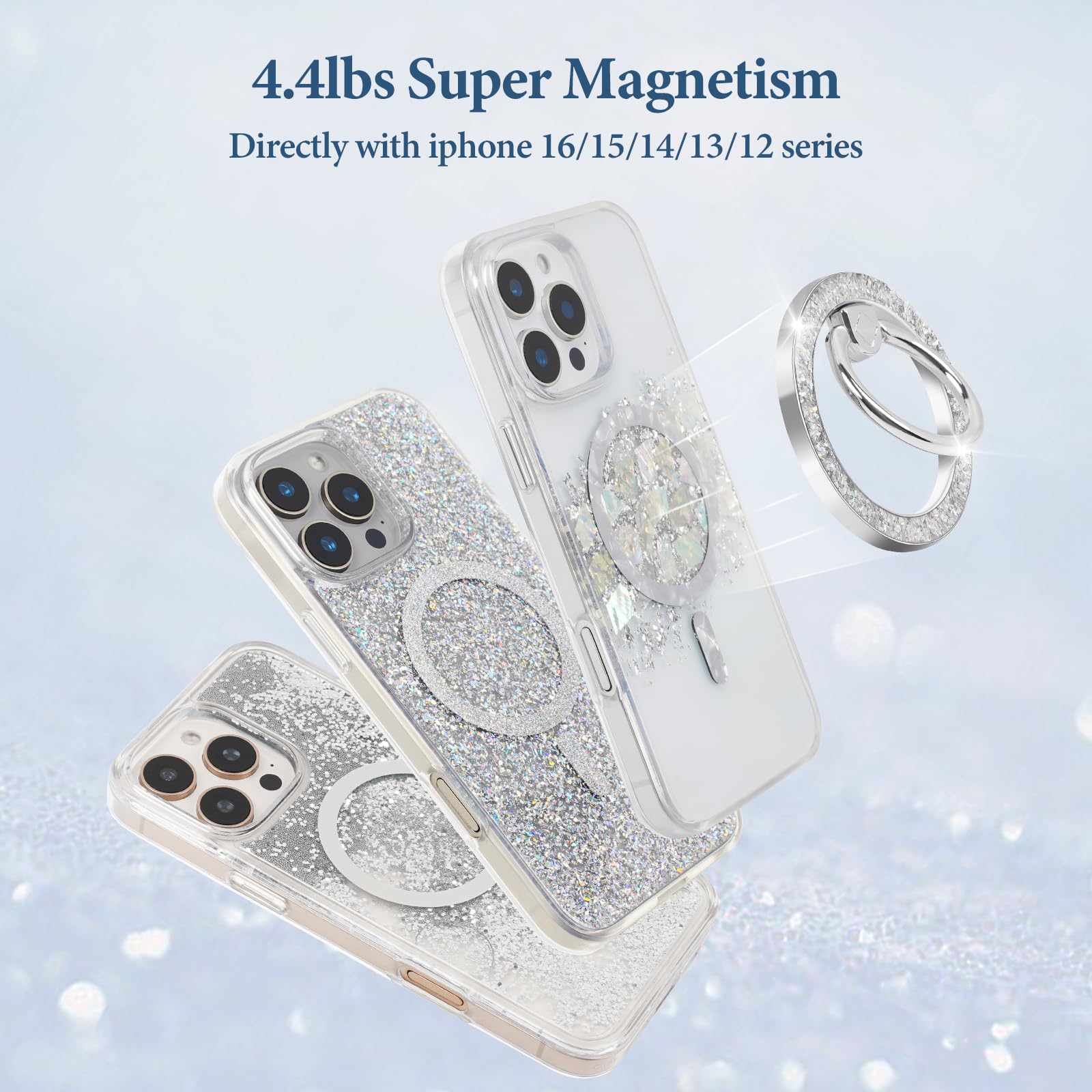Anneau magnétique de téléphone pour prise en main MagSafe [Super aimant] Anneau de support élégant avec accessoire Mag Safe pour iPhone 16/15/14/13 Pro Max Plus, argenté