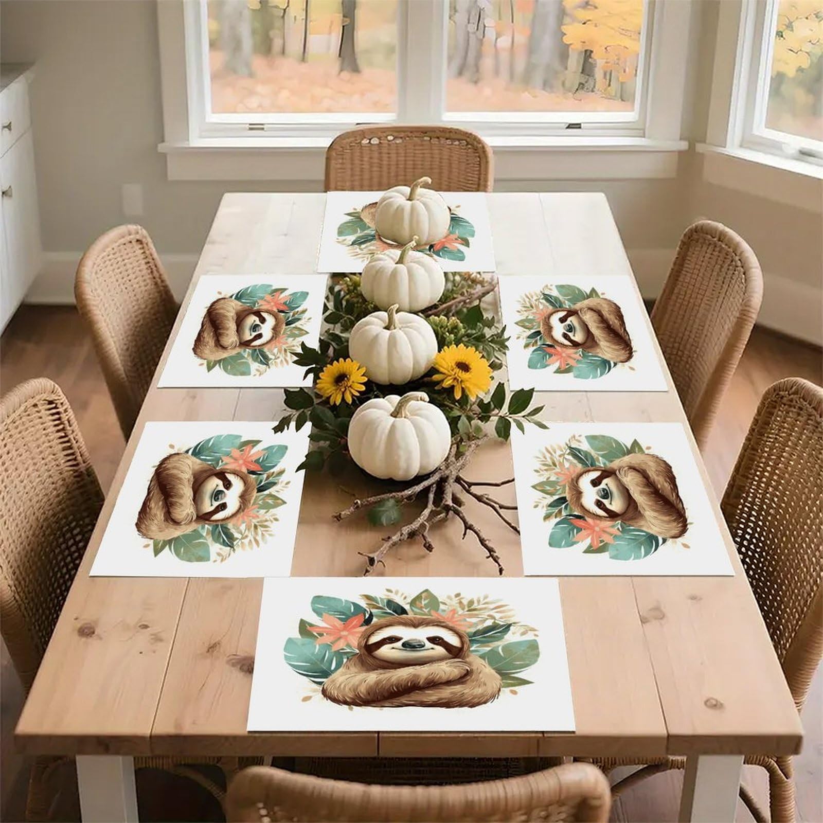 Cute Sloth Leaves Placemats Heat-Resistant Washable Place Mats Anti Slip Dining Table Place Mats Wipeable Dining Table Mats Kitchen Decoration Placemats 17.7’’×11.8’’