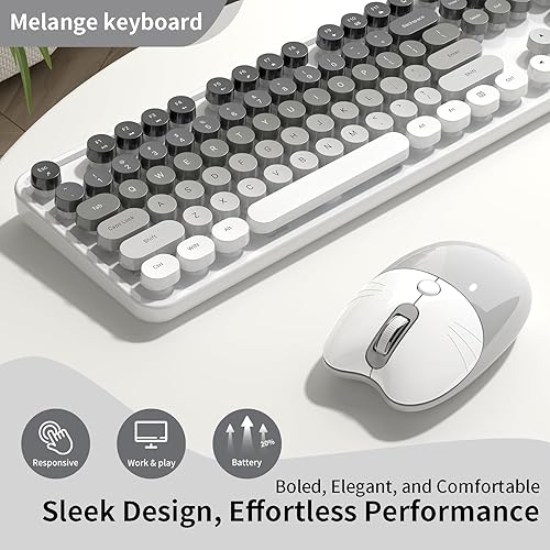 Miniatura 3 de Teclado y mouse inalámbricos cremosos, MOFII 104 teclas redondas máquina de escribir retro con OTG y cepillo, tamaño completo, ergonómico, ideal