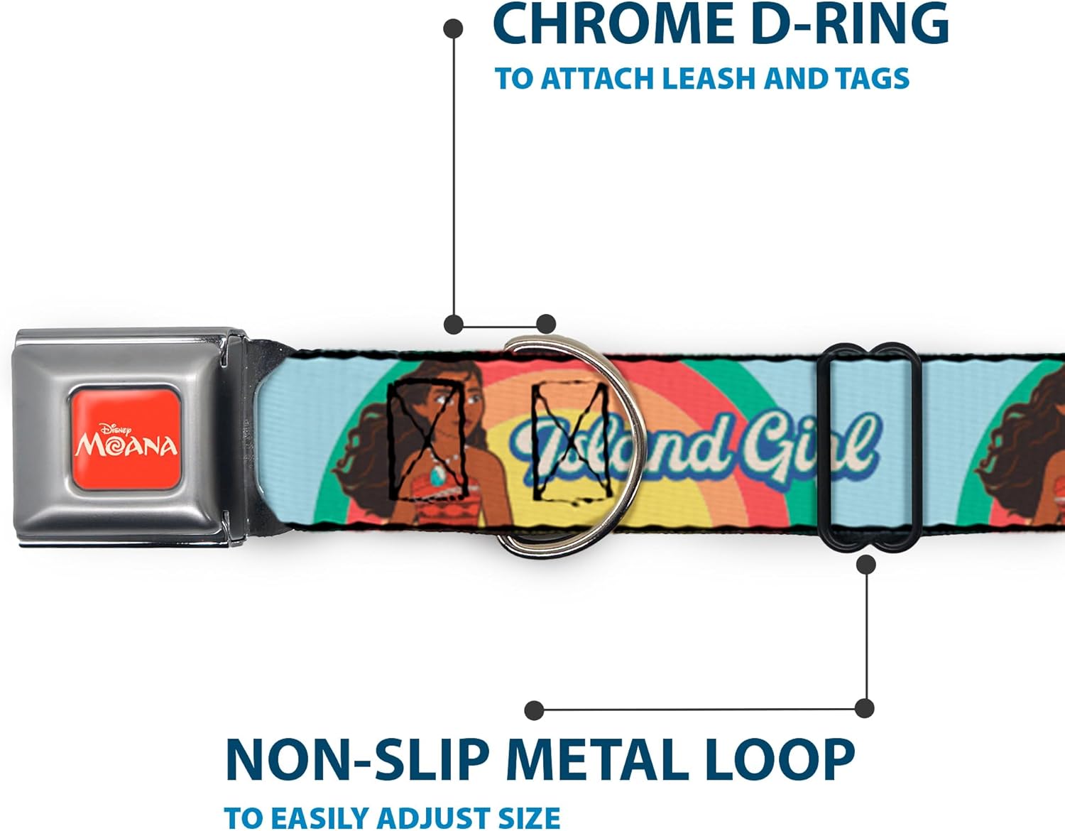 Disney Pet Collar, Dog Collar Metal Seatbelt Buckle, Moana Island Girl Rainbow Pose Blue Multi Color, 16 to 23 Inches 1.5 Inch Wide