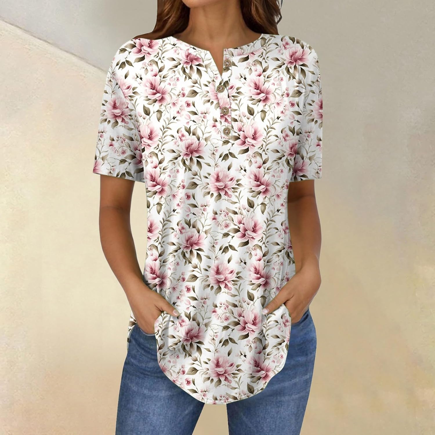 Women's Pullover Short Sleeve Summer Button Pullover Large Thin Elastic Comf Top Women's V-Neck Chic Print