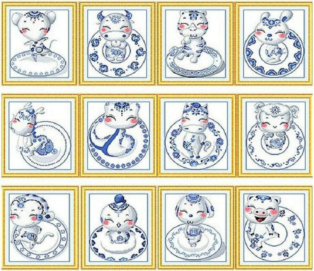 Happy Forever Cross Stitch Kits 11CT Stamped Patterns for Kids and Adults, Preprinted Embroidery kit for Beginner, 12 Zodiac Signs (12 Zodiac Signs Set)