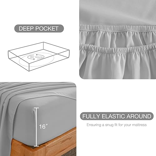 Miniatura 4 de Juego de sábanas de tamaño matrimonial, color gris claro, sábanas bajeras y fundas de almohada, 4 piezas de microfibra de enfriamiento suave para