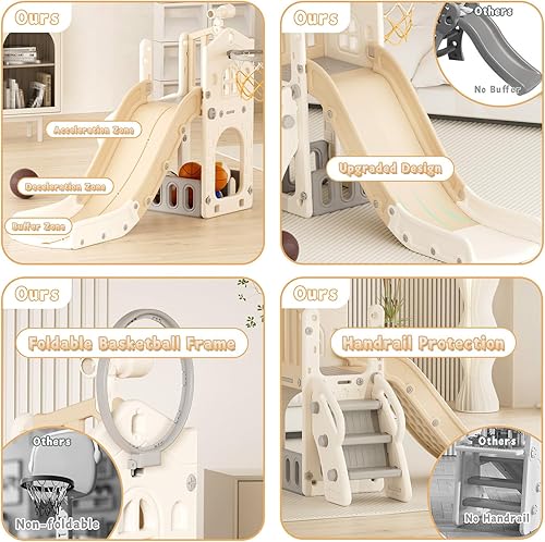 Miniatura 6 de YUFU Tobogán 5 en 1 para niños pequeños, tobogán para niños con escalador, aro de baloncesto y pelota, juego para interiores y exteriores para niños