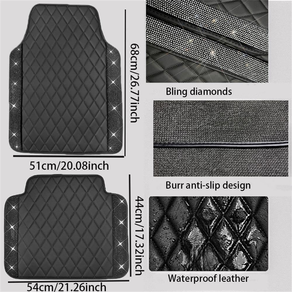 Universal Car Floor Mats,Faux Black Leather with Pink Diamond Carpet Glitter Crystal Rhinestones All Weather Waterproof Auto Liners Foot Pads Set - Image 2