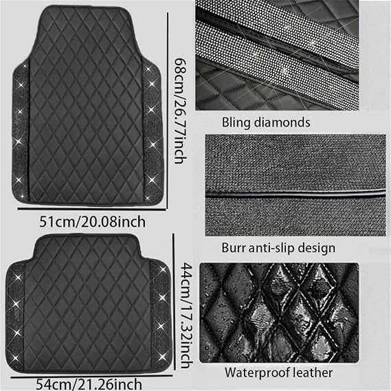 Universal Car Floor Mats,Faux Black Leather & Purple Crystal Diamond Carpet | All Weather Waterproof Glitter Rhinestones Auto Liners Foot Pads Set for Girl Woman's Car