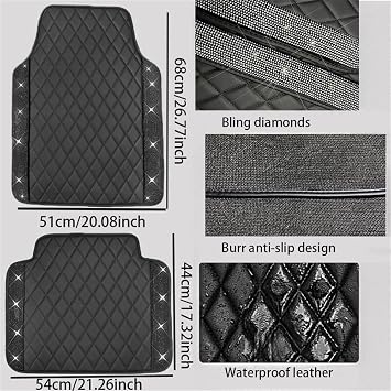 Universal Car Floor Mats,Faux Black Leather & Purple Crystal Diamond Carpet | All Weather Waterproof Glitter Rhinestones Auto Liners Foot Pads Set for Girl Woman's Car