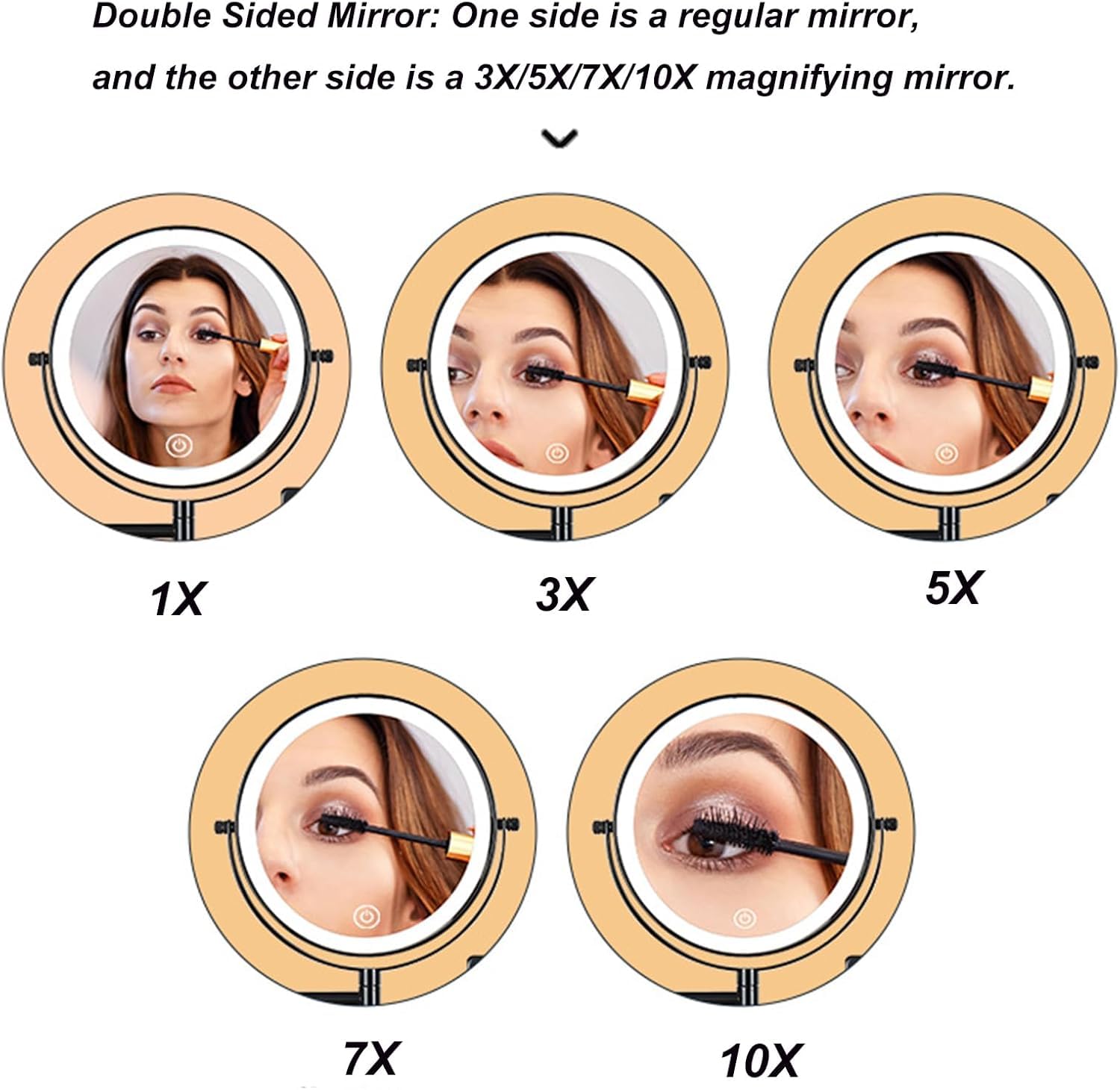Ściemnialne Lustro Powiększające Z Ekranem Dotykowym W 3 Kolorach, Akumulatorowe Podświetlane Dwustronne Lustro Do Golenia Stojak Na Lusterko Led Vanity, Chrome, 10X