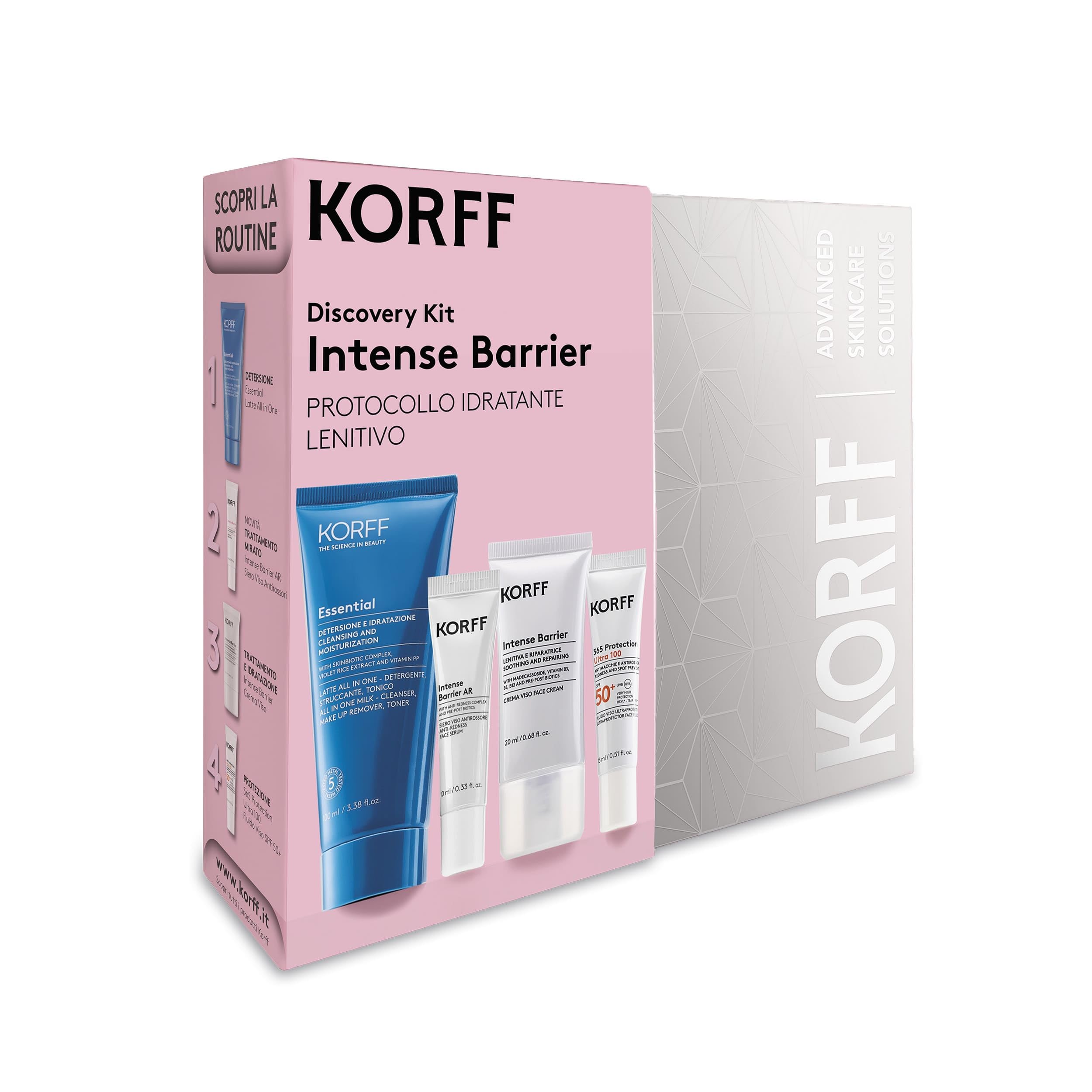 Korff Discovery Kit Intense Barrier Latte All in One 100ml Siero AR 10ml Crema AR 20ml Fluido Viso SPF50+ 15ml
