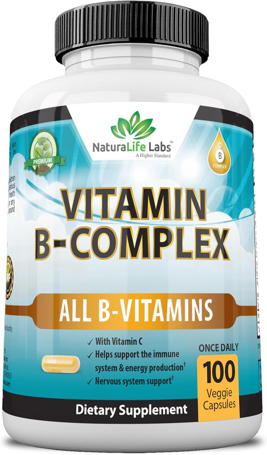 NaturaLife Labs Vitamin B Complex with Vitamin C and Folic Acid – B12, B1, B2, B3, Vitamin B5 Pantothenic Acid, B6, B7, B9 – Nervous System Support 100 Veggie Capsules