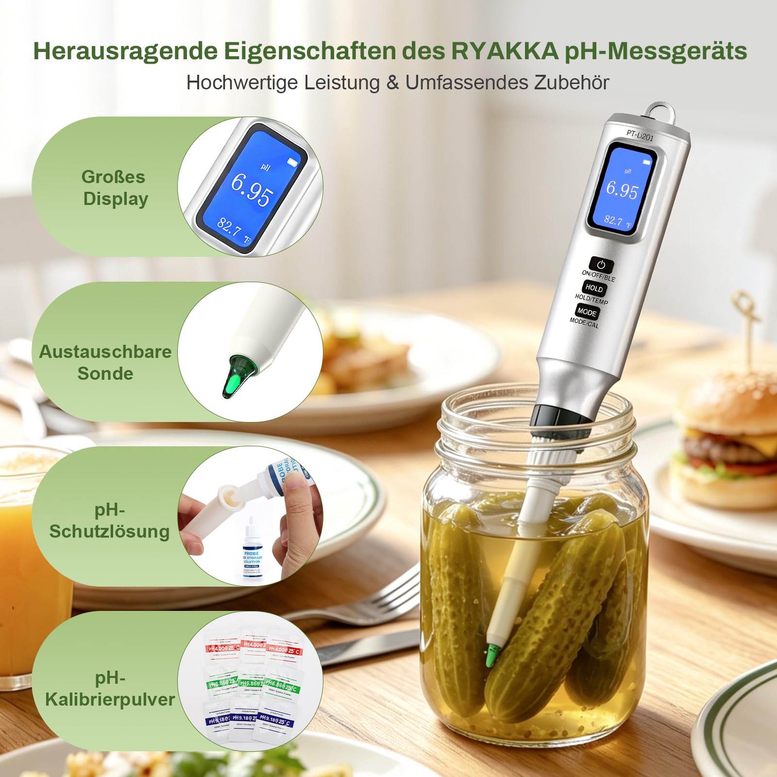 Intelligentes pH Messgerät mit App, Digitales pH Tester für Lebensmittel und Wasser mit Kalibrierpulver, pH Meter mit ATC für Sauerteig, Käse, Brot, Fleisch und fermentierte Getränke & Lebensmittel