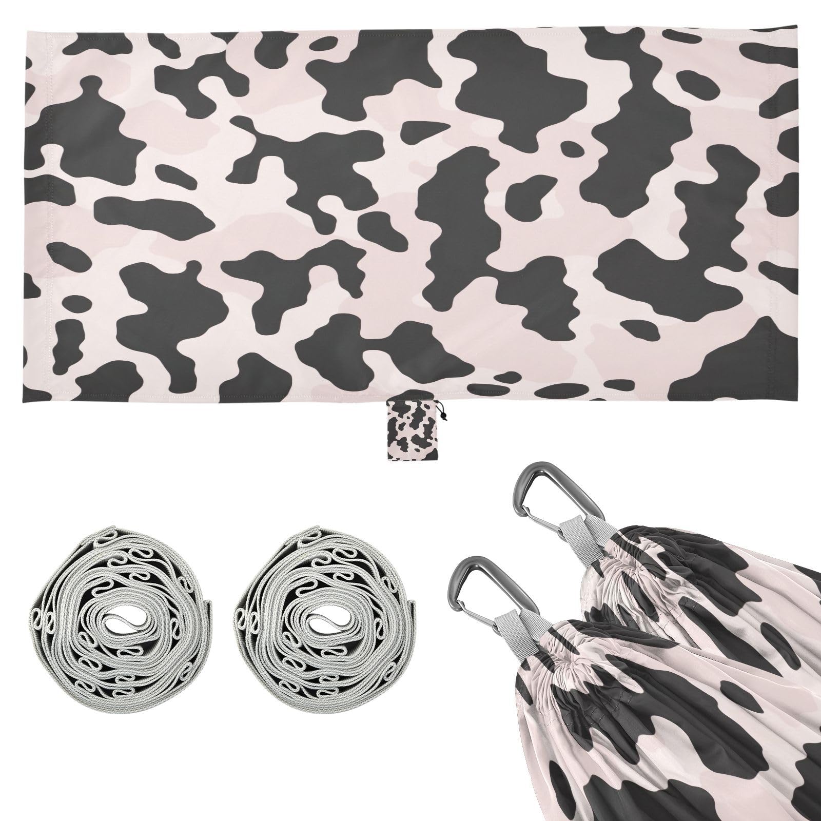 SDMKA Cow Print Black Pink Camping Hammock, 330 lbs with 2 Tree Straps, Carry Bag, Single Portable Hammock for Outdoor/Indoor, Hiking, Beach, Backpacking, Travel