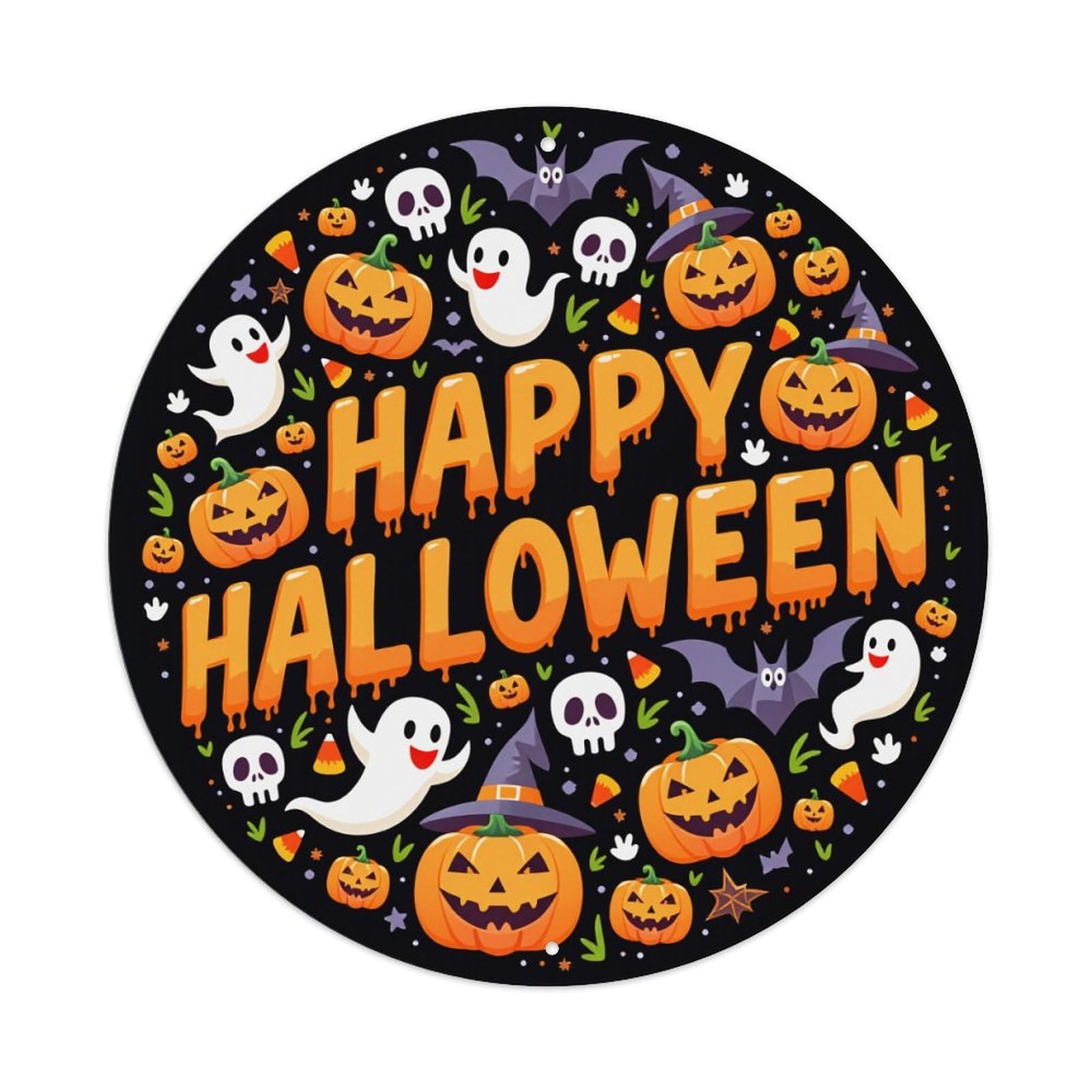 Happy Halloween Pumpkins Ghosts Bats Round Tin Sign Vintage Metal Poster, Home Bar Garage Man Cave Cafe Indoor & Outdoor Wall Decoration 8x8Inches