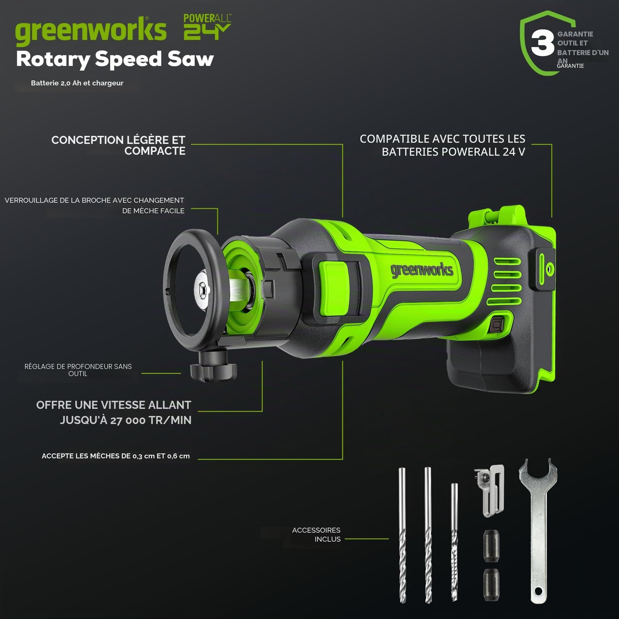 Greenworks - Scie de vitesse sans fil PowerAll 24 V - Cutter rotatif (outil nu)
