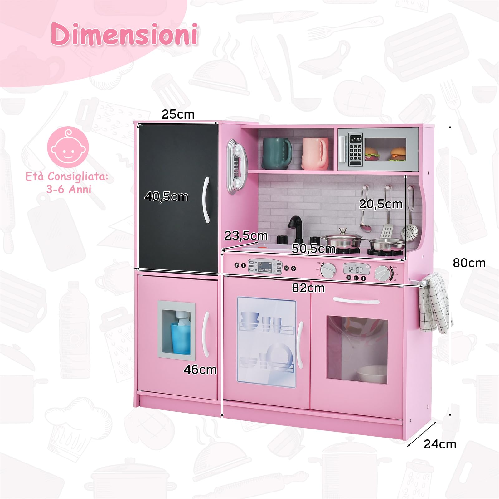 GYMAX Cucina Giocattolo per Bambini, Cucina Gioco in Legno Bambina con Lavagna, Forno, Vaschetta per l'Acqua e Fabbricatore di Ghiaccio, con Effetti Sonori per Bambini 3 Anni + (Rosa)