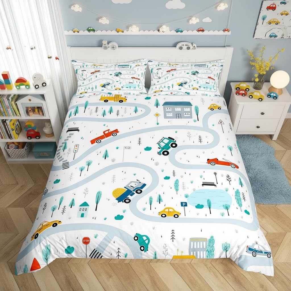 Housse de couette motif camion résistante aux lavages pour lit enfant