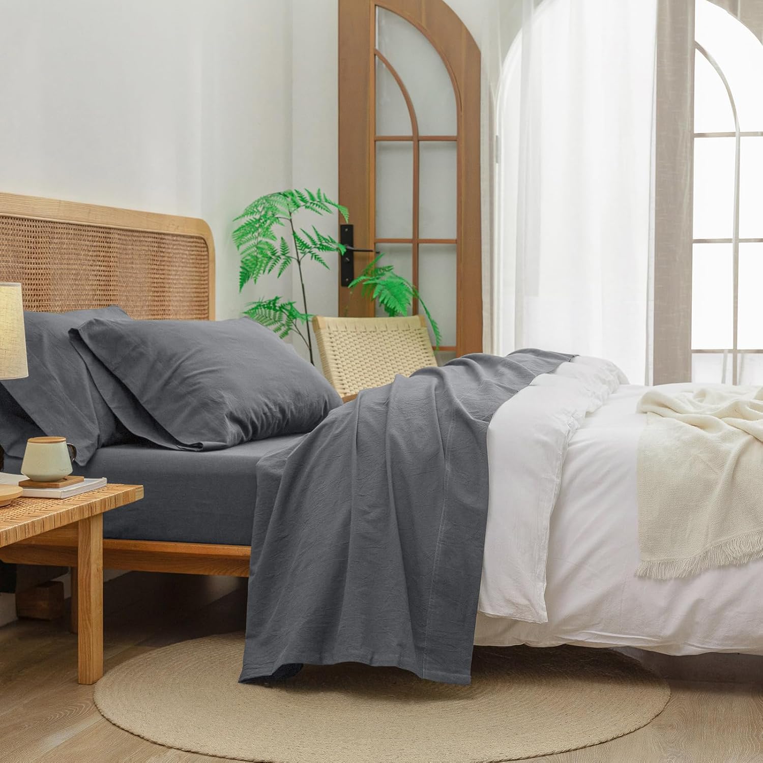 BESTOUCH Sheet Set 100% Washed Cotton Linen Feel Super Soft Comfortable Chic Lightweight 4 Pcs Home Bedding Set Solid Quiet Shade Grey Queen