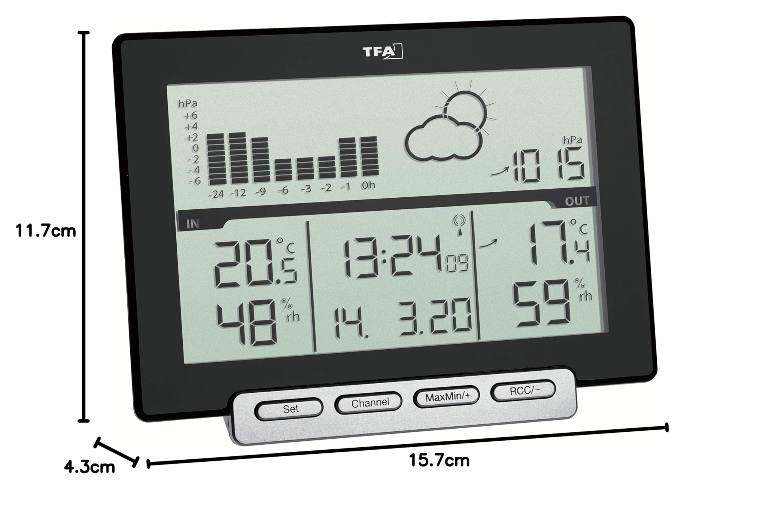 TFA Dostmann Stazione meteo con sensore esterno digitale wireless Meteo Sens, 35.1139.01, termo-igrometro, andamento della pressione atmosferica, umidità, temperatura, orologio radiocontrollato, nero