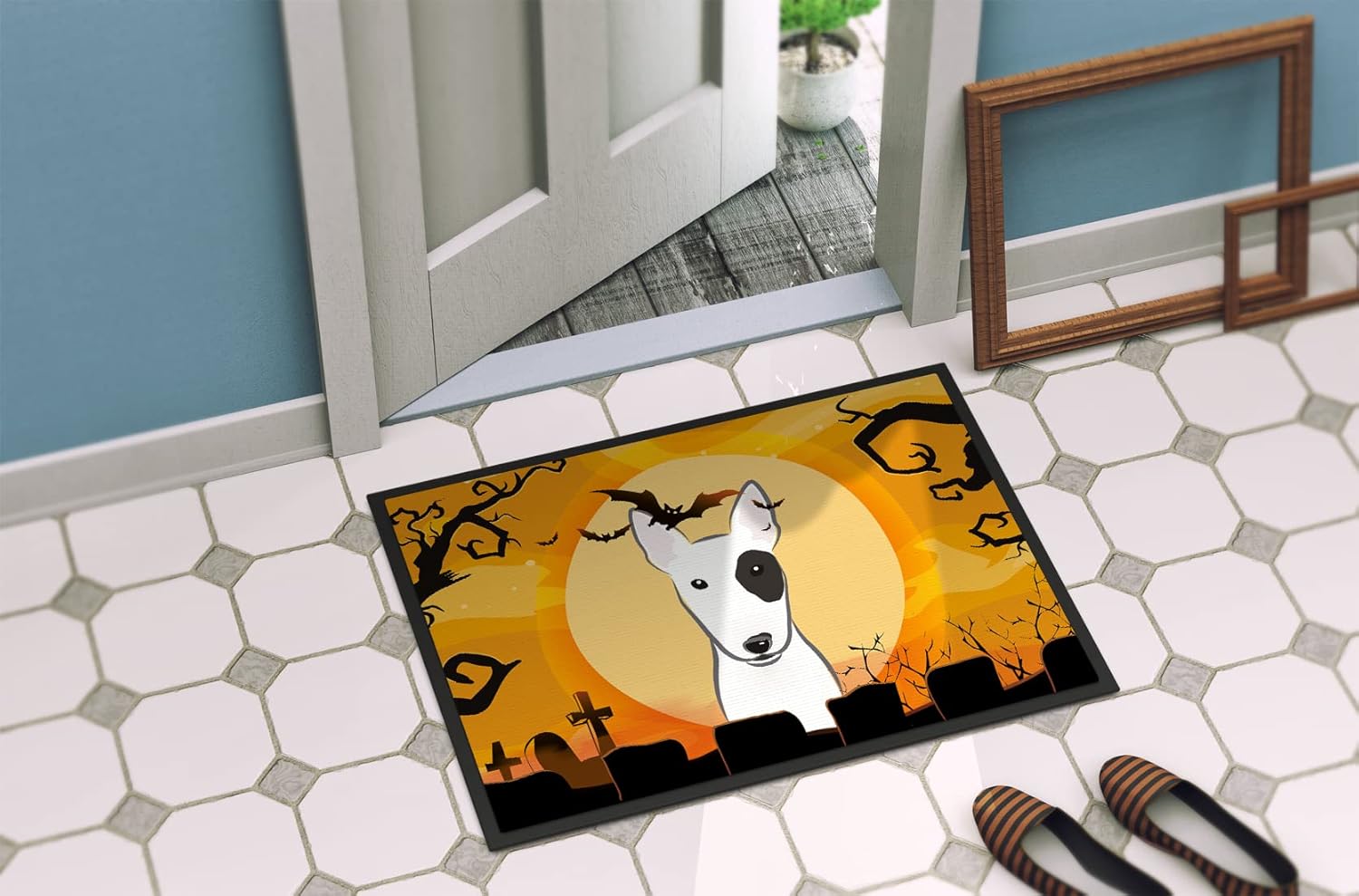 Caroline's Treasures BB1767JMAT Halloween Bull Terrier Doormat 24x36 Front Door Mat Indoor Outdoor Rugs for Entryway, Non Slip Washable Low Pile, 24H X 36W