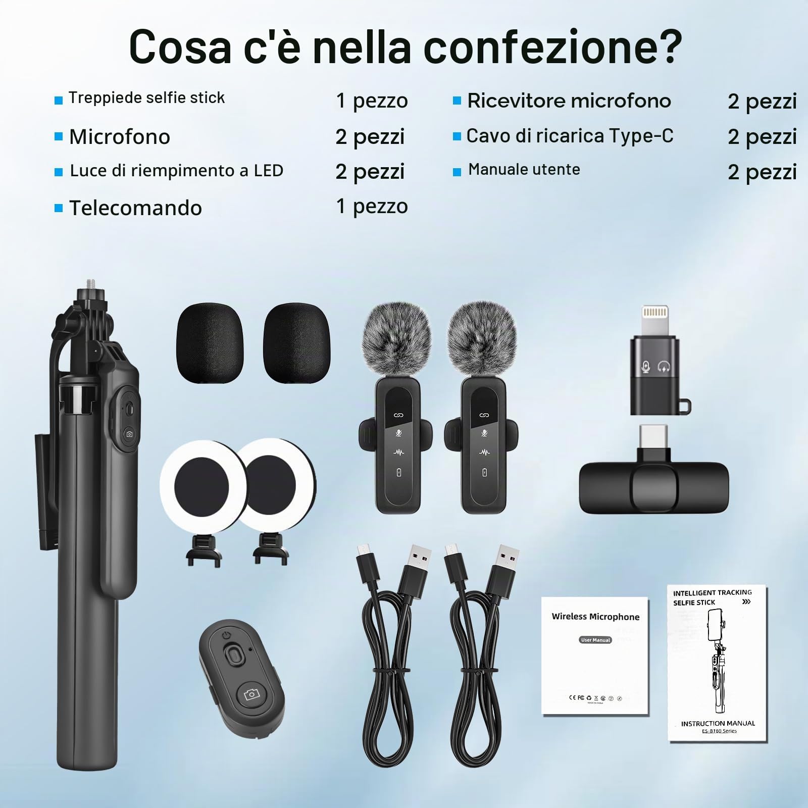 Treppiede per cellulare Vlogging-Kit per iPhone/Android, selfie stick da 180 cm con 2 luci di riempimento e microfono senza fili, treppiede per smartphone, kit di partenza per Tiktok/YouTube