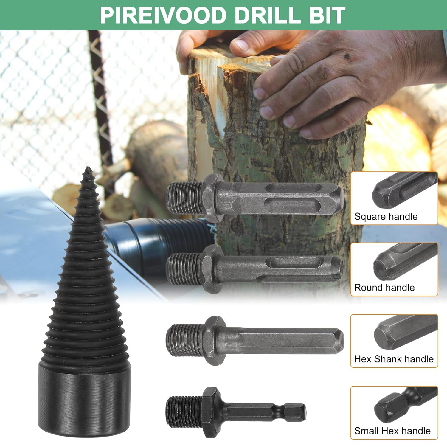 M METERXITY 2-Pack Wood Splitter Drill Bit 32mm + 50mm + 4 Handles (Square + Round + Hex Shank + Small Hex) Firewood Log Splitter Drill Bit for Family/Outdoor/Stove/Farm [Black+Grey]