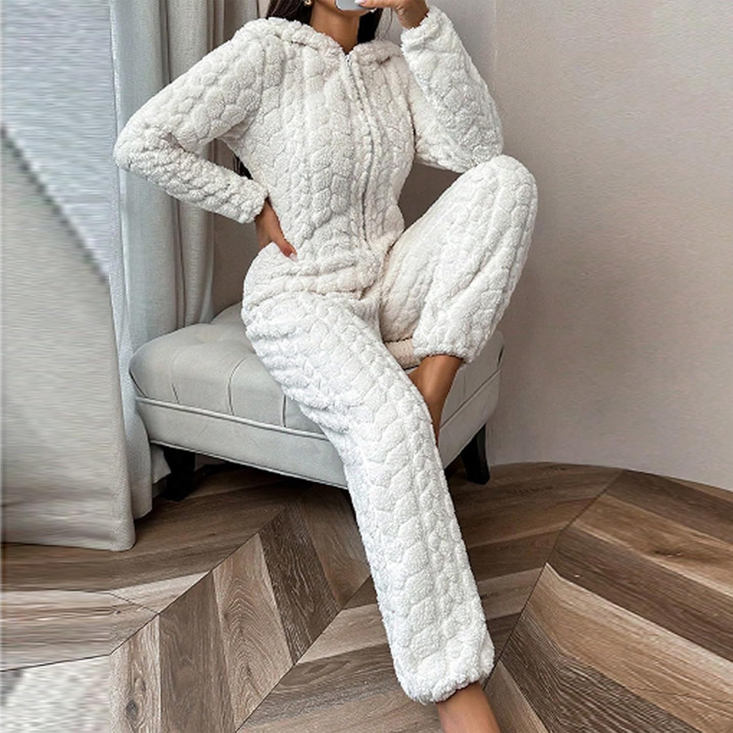 HGps8w Coral Velvet Fleece Onesie Pajamas for Women Jumpsuit Warm Sherpa Romper Sleepwear One Piece Zipper Hooded Playsuit