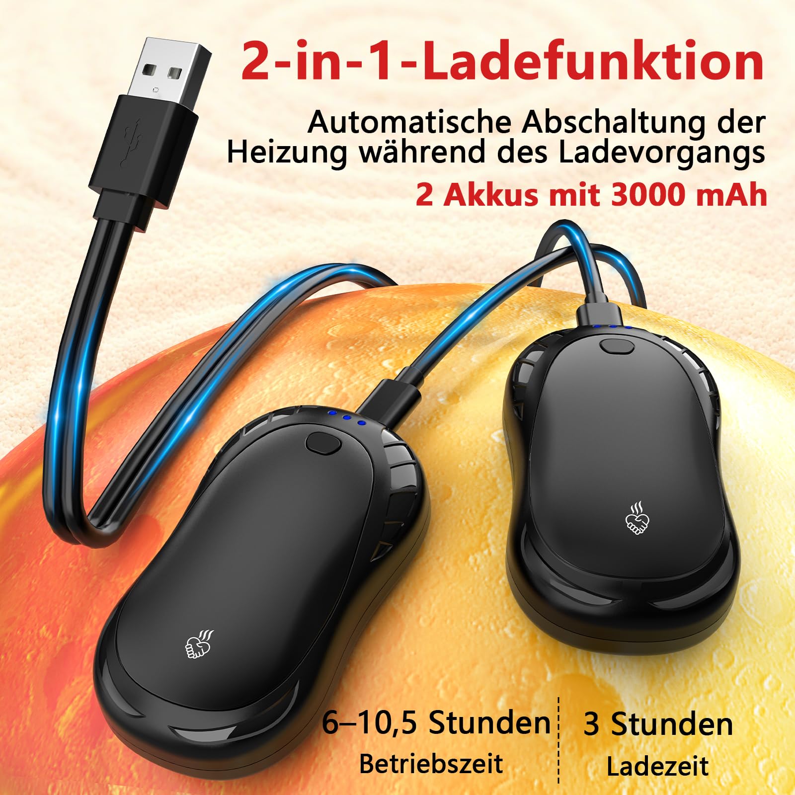 Handwärmer Elektrisch Split 2er-Pack mit USB, 3 Heizmodi Tragbare Elektrischer Taschenwärmer für Outdoor im Winter 6000mAh,Handwärmer Wiederaufladbar für Outdoor Sport