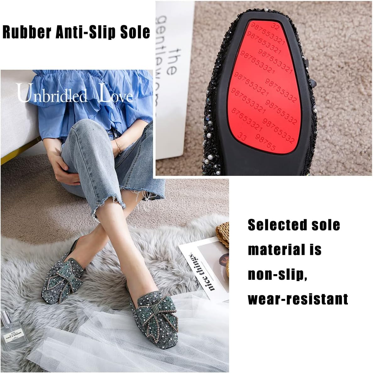 SAFECAMS Women's Rhinestone Bow Flat Mules Comfortable Square Toe Slip on Penny Loafers Ladies Baotou Clogs Half Slides Mules - Image 7