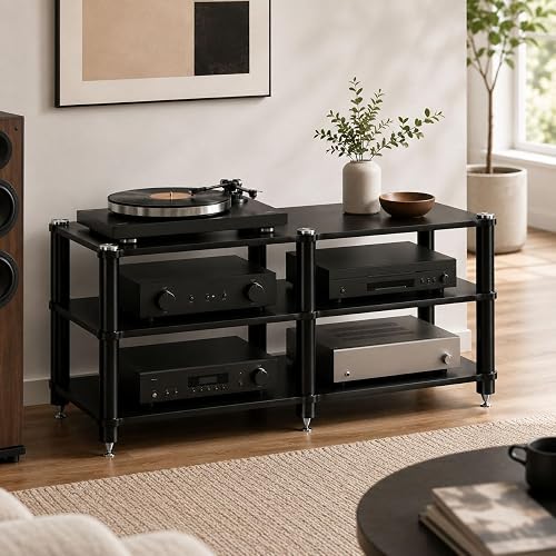 Heavy-Duty HiFi Audio Rack, AV Media Stand with Open Shelves, Stereo Equipment Rack with Anti-Vibration Spike audio component rack Feet for Amplifiers, Receivers, Turntables (black black, 3-tier)