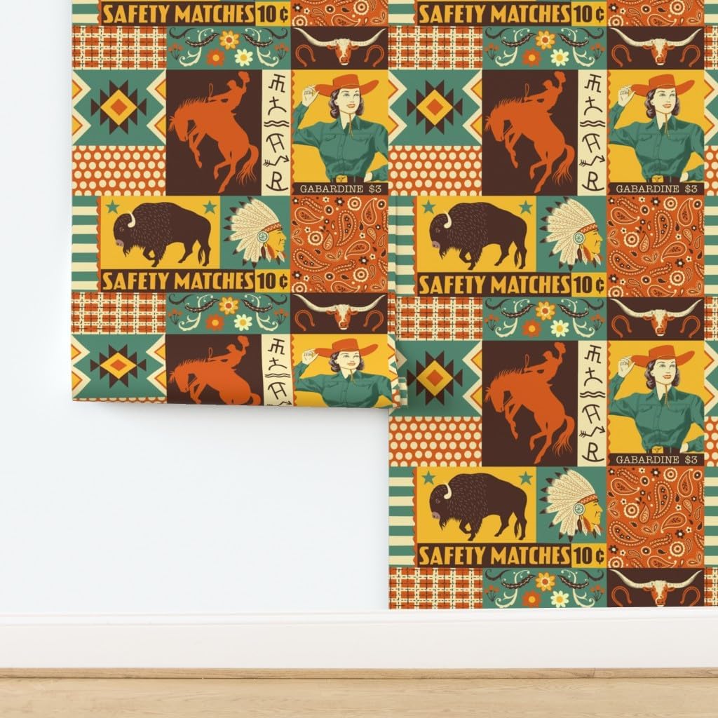 Peel & Stick Wallpaper 6ft x 2ft - Vintage Retro Buffalo Western Cowboy Patchwork Custom Removable Wallpaper by Spoonflower