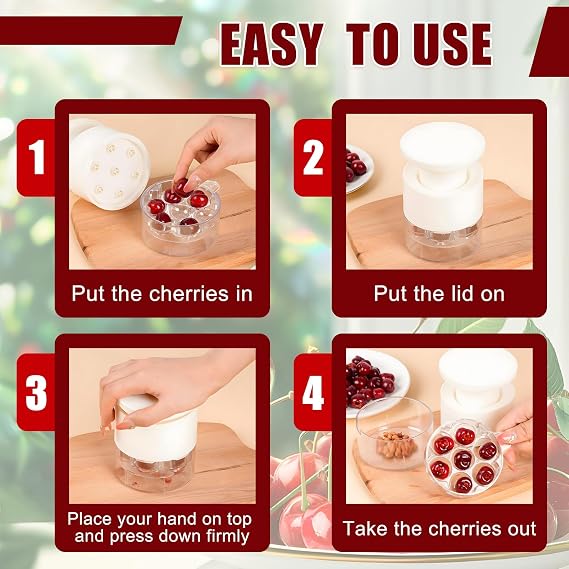 Cherry Pitter Multiple,2025 Quickly Release Multi Cherries Stoner Pitter,7-Hole Push Button Cherr'y Core Pit'ter Tool with Splatter Protector,Pit Seed Remover for Making Cherry Jam, White
