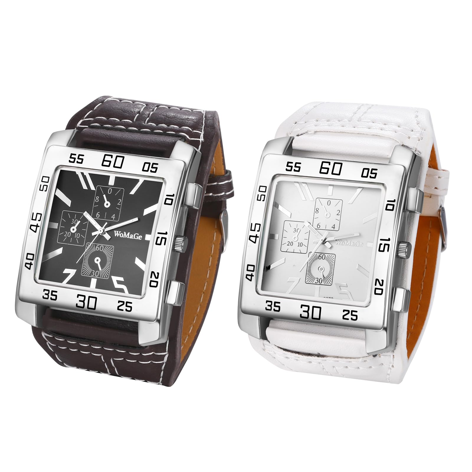 JewelryWe Men's Analogue Quartz Watch Men's Classic Retro Rectangular Business Casual Watch with Leather Strap Black/Brown 4-2 Pieces (White+Brown)