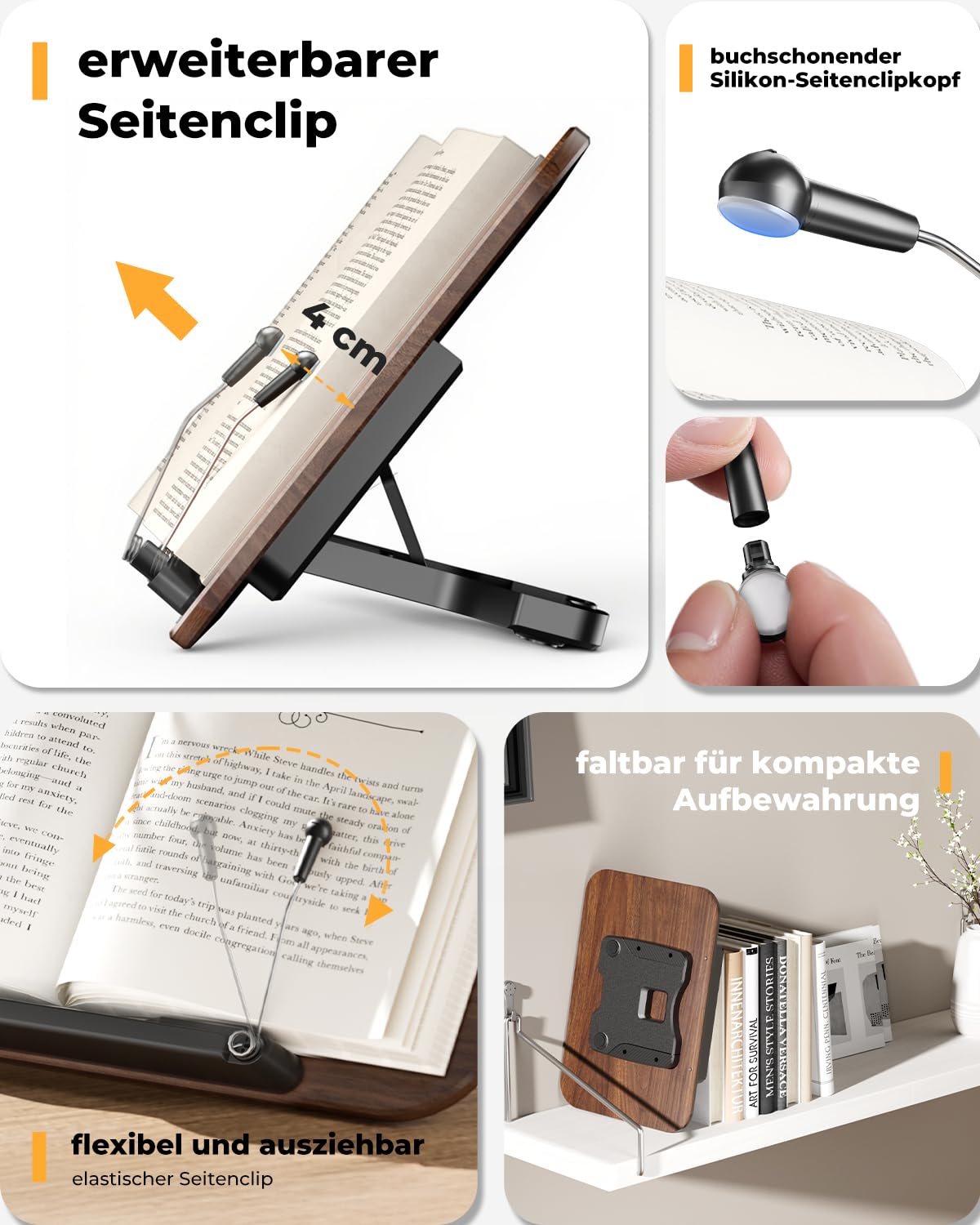 SupeDesk Buchständer, verstellbarer Holz-Buchhalter Leseständer, faltbarer Book Stand mit buchschonender Silikon-Seitenclip, langlebiger Kochbuchhalter, Präsentationsständer für Schule, Büro, Küche