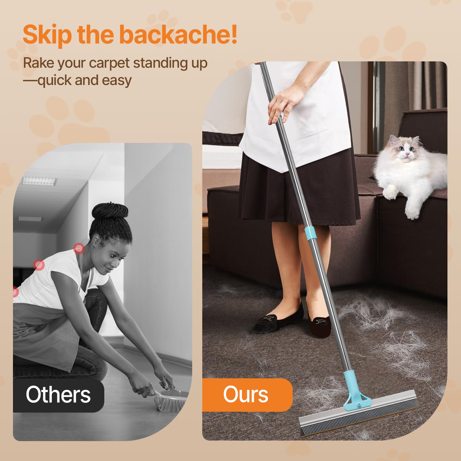 Râteau à tapis 2 en 1 pour l'épilation des poils d'animaux de compagnie, réutilisable, 137,2 cm, long manche réglable, râteau à tapis pour chat et chien, brosse à poils pour tapis, tapis, canapé