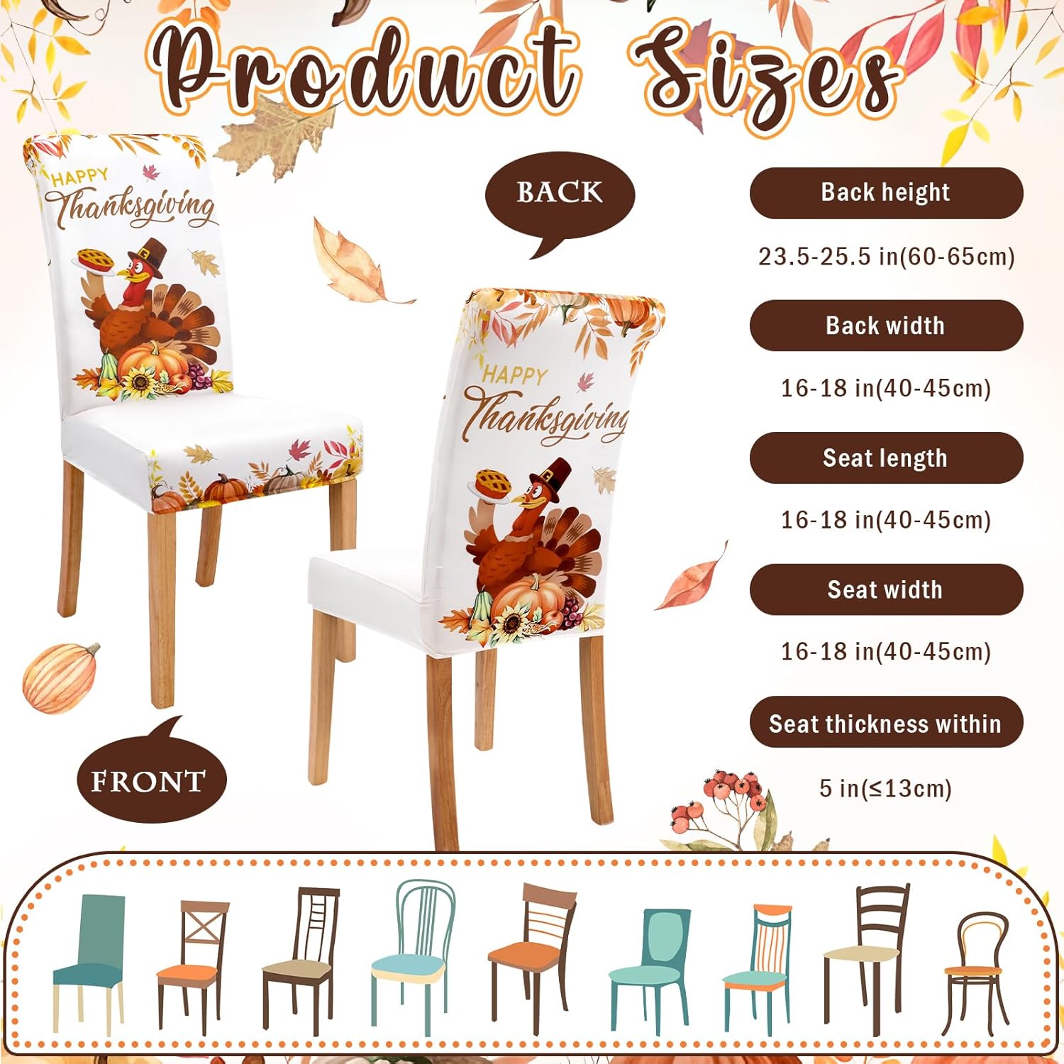 6 Pcs Thanksgiving Maple Chair Covers Fall Vintage Dining Chair Slipcovers Thanksgiving Seat Covers Autumn Pumpkin Turkey Stretch Removable Washable Dining Protector for Party Kitchen Farmhouse