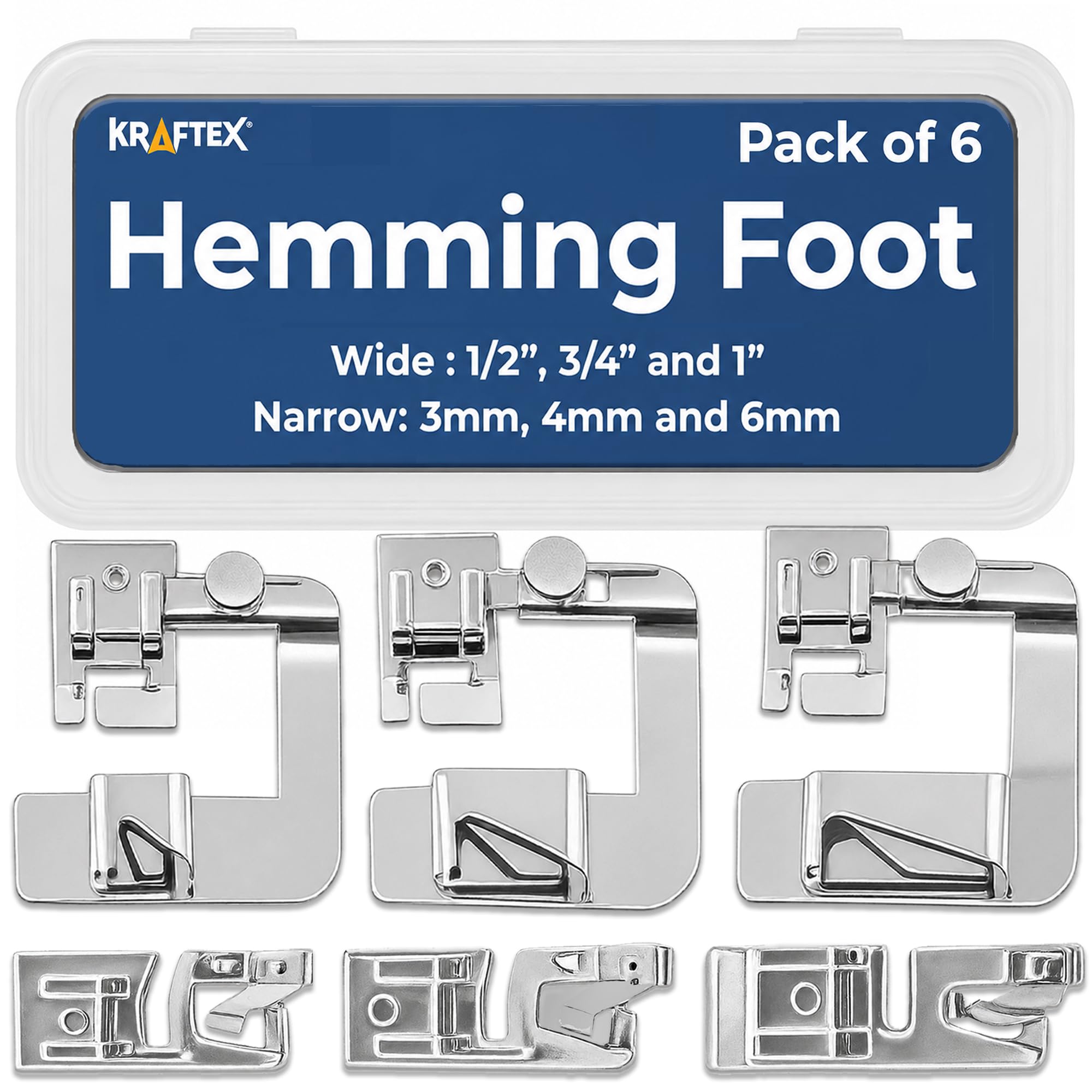 Kraftex Silver Rolled Hem Presser Foot [6 Sizes] Wide Rolled Hem Foot Set & Narrow Foot Hemmer Set For Brother, Singer & Janome Low Shank Sewing Machines. Hemming Pressure Feet With Distinctive Wide And Narrow Sizes